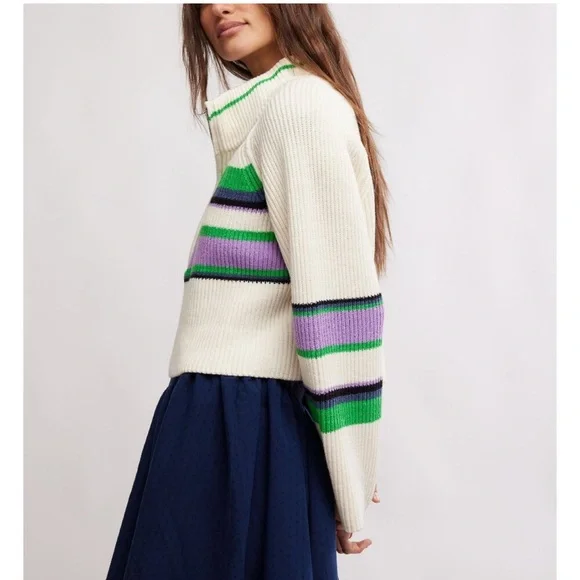 NWT Free People Striped Greta Half Zip /Sugar Swirl Combo - Picture 5 of 7